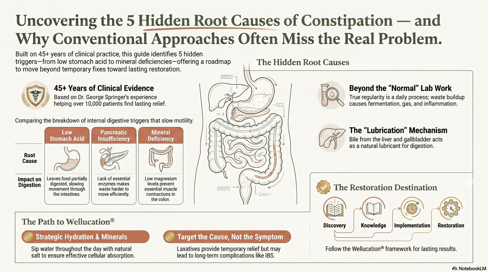Uncovering the hidden root causes of constipation — low stomach acid, pancreatic insufficiency, and mineral deficiency among them — and the Wellucation® roadmap from understanding to lasting regularity