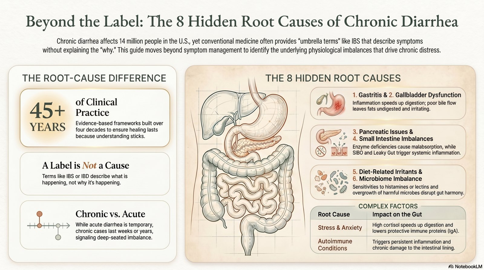 Beyond the Label — the eight hidden root causes of chronic diarrhea, from gastritis and gallbladder dysfunction to microbiome imbalance, stress, and autoimmune conditions, with the Wellucation® root-cause framework