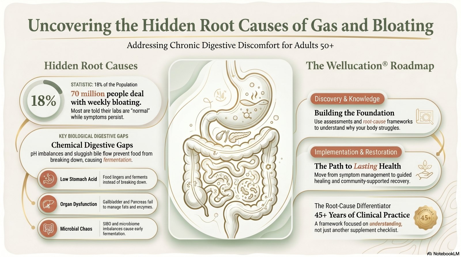 Uncovering the hidden root causes of gas and bloating — low stomach acid, organ dysfunction, and microbial chaos — and the Wellucation® roadmap from understanding to lasting digestive health