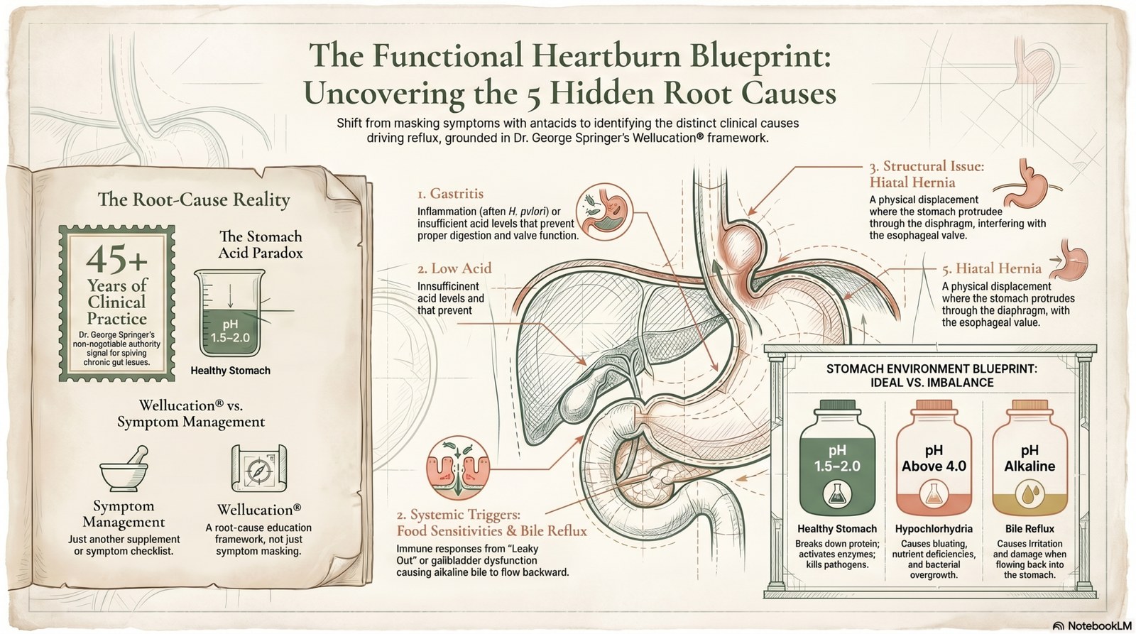 The Functional Heartburn Blueprint — the five hidden root causes of GERD, the stomach-acid paradox, and an ideal vs. imbalanced stomach environment